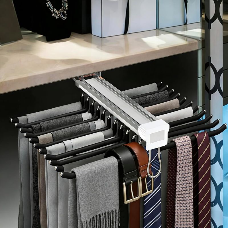 Photo 1 of 22 Arms Steel Slide Out Pants Rack Closet Pants Hanger Bar Pull Out Trousers Rack Tie Belts Scarf Racks, Top Mounted Wardrobe Clothes Organizers Rail Pull Out Closet Storage Rod-Black