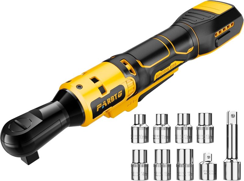 Photo 1 of 1/2 Inch Cordless Ratchet Wrench Compatible with DeWalt 20V Max Battery, 74Ft-Lbs (100N.m) High Torque, Brushless Motor, 0-400RPM Variable Speed, 7 Sockets, 1/2" to 3/8" Adapter, 3" Extension Bar