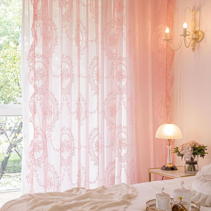 Photo 1 of Deeprove Pink Lace Curtains 84 Inches Long 2 Panels Set, Boho Sheer Florals Scallop Ruffle Edge, Bohemian Chic Pretty Window Treatment Pair Decor Drapes for Baby Girl's Bedroom Nursery Room W57 x L84