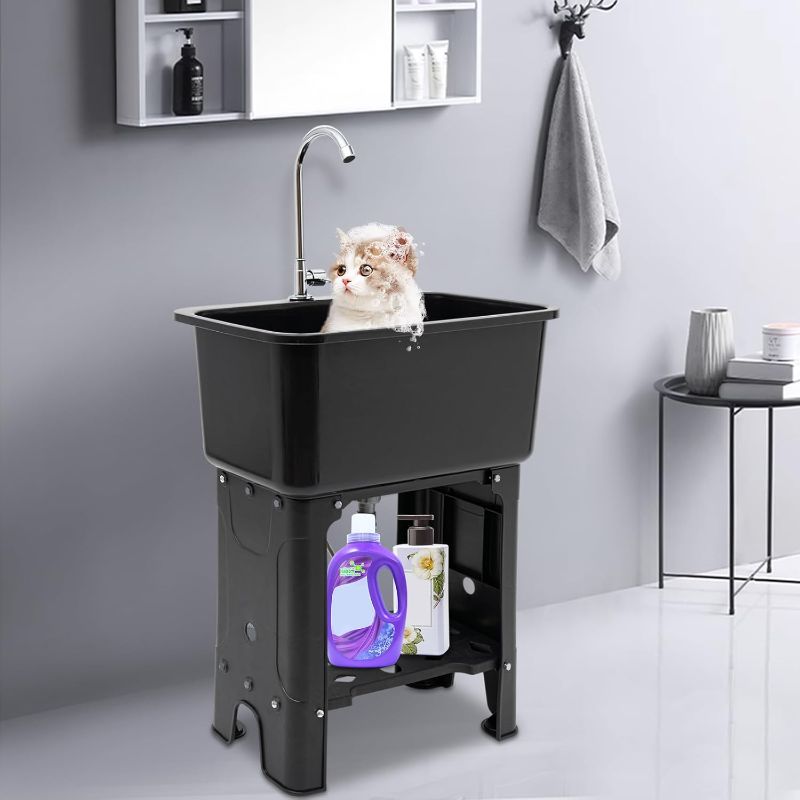 Photo 1 of Freestanding Plastic Utility Sink with 360°Rotatable Faucet, Laundry Tub with Storage Shelf and Washboard for Laundry Room,Bathroom, Kitchen 23.62x15.75x30.12in Black (Black)