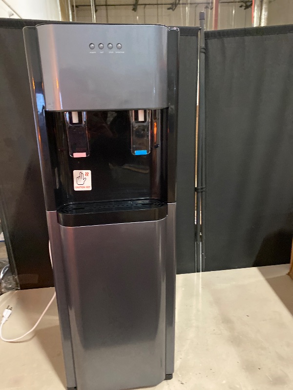 Photo 1 of Bottom Loading Water Cooler Water Dispenser, Hot & Cold Water Dispenser for 5 Gallon Bottle with Detachable Water Collection Box and Heat-Sink Holes for Offices Nurseries Both Home Etc (Dark Grey)