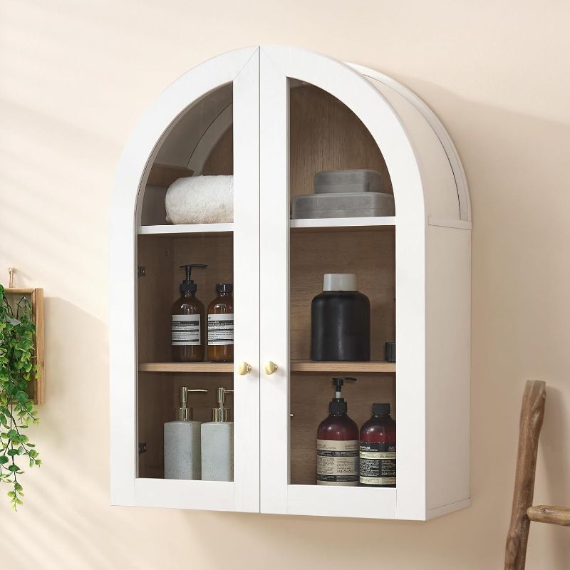 Photo 1 of Bathroom Arched Wall Cabinet Over The Toilet Storage Cabinet, 23.6×31.4 Inch Bathroom Medicine Cabinet Wall Mount with Adjustable Shelves & Glass Door, Space Saver Wall Cabinet, White