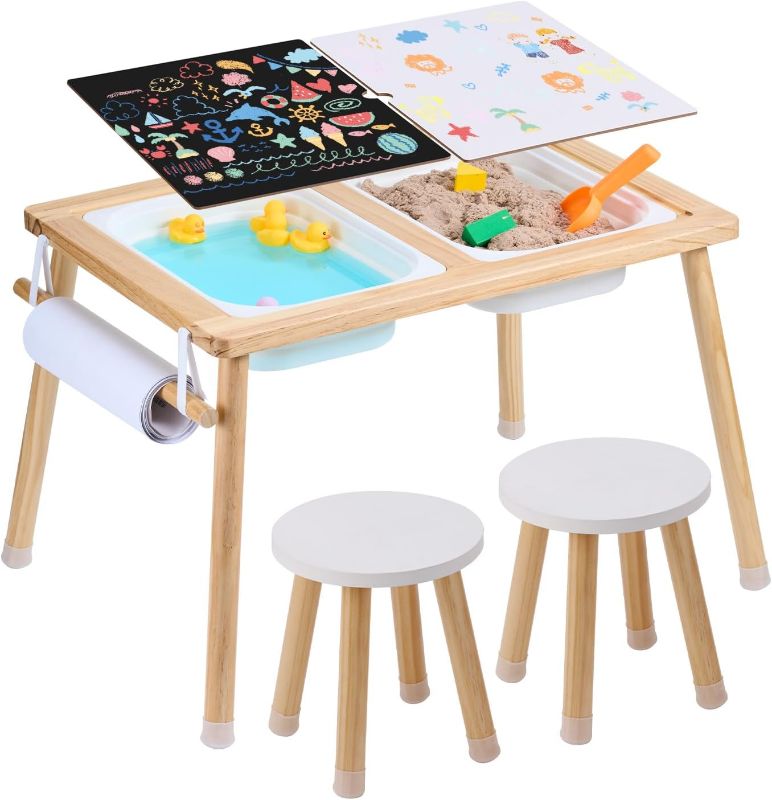 Photo 1 of VEVOR Sensory Table and Chairs Set, Toddlers Activity Table with 2 Stools, 2 Storage Bins & Paper Roll Holder, Indoor/Outdoor Play Sand and Water Table, Wooden Kids Sensory Table - Gift for Boys Girls