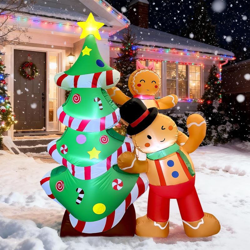 Photo 1 of GVDV 8FT Inflatable Christmas Tree with Gingerbread Man Clearance,Giant Outdoor Christmas Inflatables Decoration with Bright LED Lights,Fast Blow Up Christmas Lawn Inflatables with Stakes & Sandbags