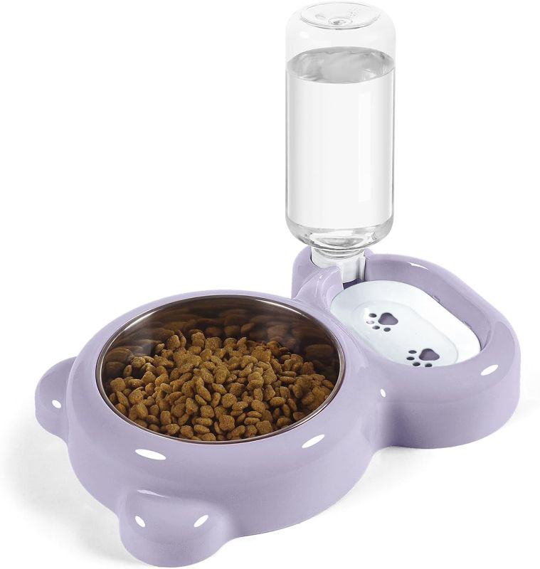 View 1 of Dog Bowls, Cat Food and Water Bowl Set with Water Dispenser and Stainless Steel Bowl for Cats and Small Dogs - Purple
