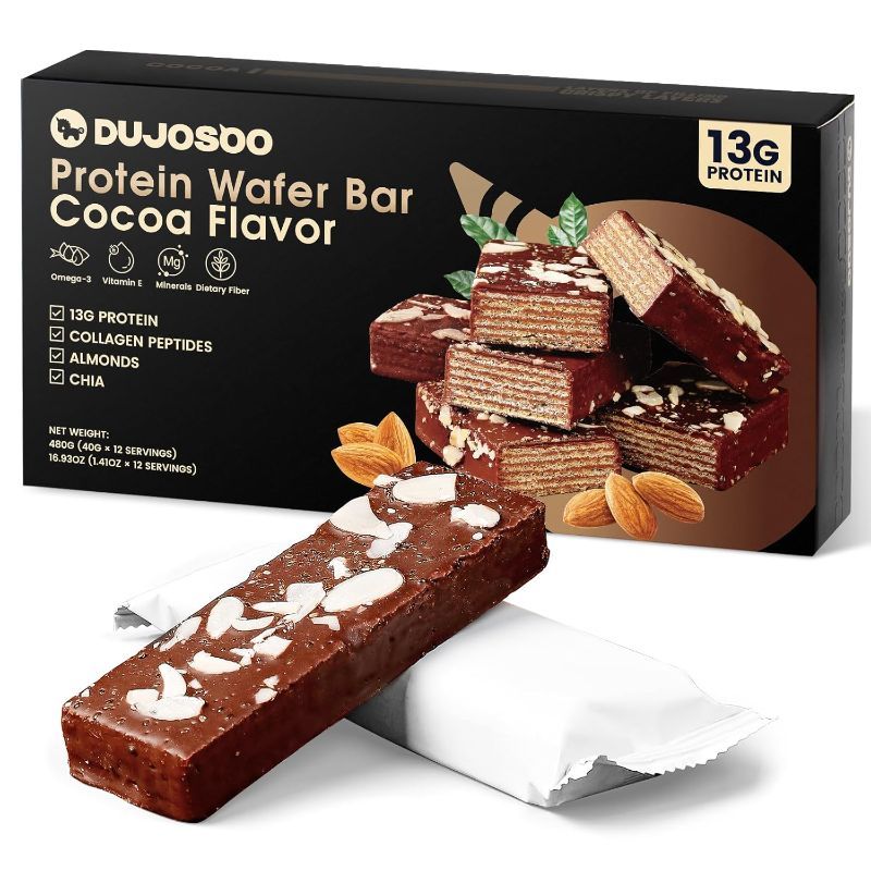 Photo 1 of DUJOSOO Protein Wafer Bar,Crispy - Silky Texture with Almond Chunks,13g Premium Protein,2g Low Sugar,Add chia seeds,2g Dietary Fiber,Rich in Collagen, Vitamin E and Omega-3,Nutritious Snacks to Support Energy,12 Count(Pack of 1)
