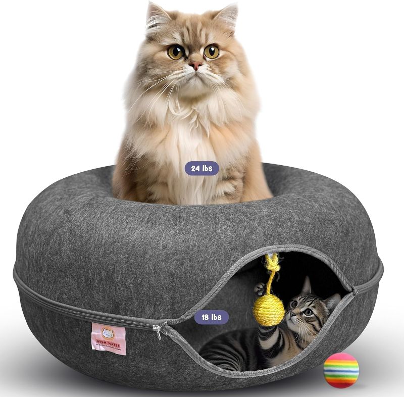 Photo 1 of MEOWMATES Peekaboo Cat Tunnel Bed with Hanging Ball Toy – Large Cat Tunnels for Indoor Cats up to 30lbs – Round Cat's cave Bed with Scratch-Resistant, Easy to Wash & Cozy Design (24x24x11)