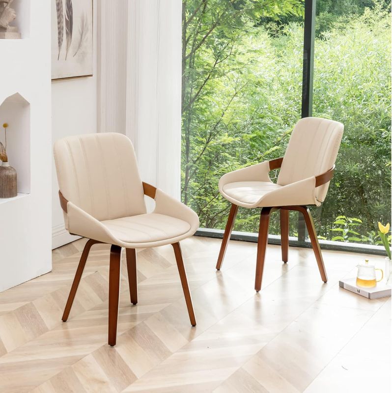 Photo 1 of Mid Century Modern Beige Faux Leather Upholstered Dining Chairs Set of 2,Armless Accent Chairs with Sturdy Natural Wood Legs,Bamboo Backrest Support for Kitchen&Dining Room Chairs