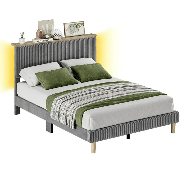 Photo 1 of (Full) Bestier - Bed Frame Bed with LED Light & Adjustable Storage Headboard for Bedroom Upholstered Platform -Full Size - Gray