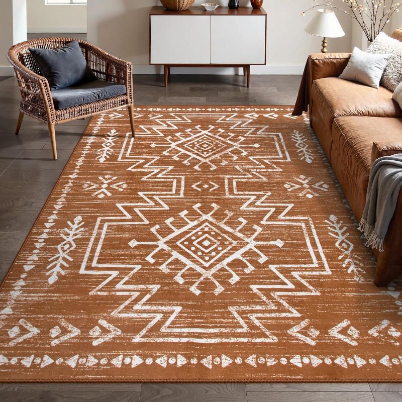 Photo 1 of Lahome 8x10 Boho Rugs for Living Room, Washable Western Burnt Orange Large Area Rug for Bedroom Dining Room, Soft Stain Resistant Aztec Carpet Fall Rug for Guestroom Office