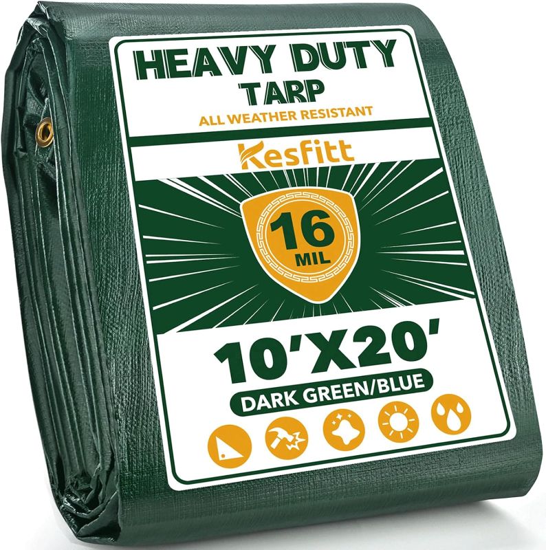 Photo 1 of Kesfitt 16 Mil Heavy Duty Waterproof Tarp with Metal Grommets, Dark Green & Blue Reversible Poly Tarp, 10x20 ft, for Outdoor Protection, Yard, Garden, Farm, Camping & Equipment Coverage