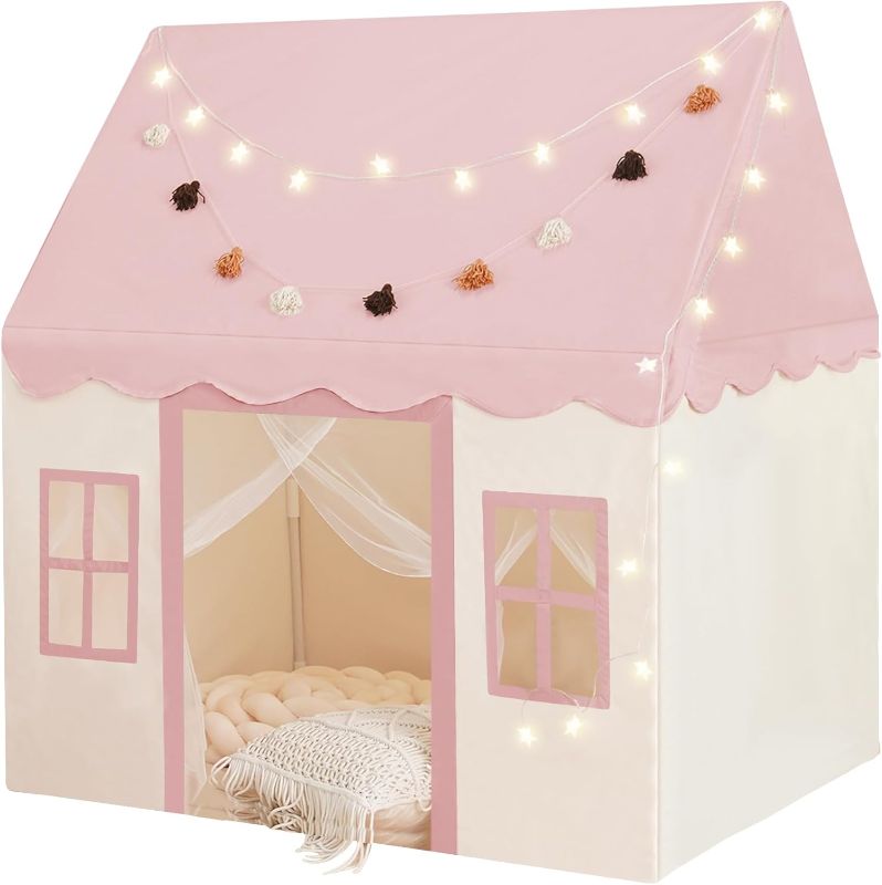 Photo 1 of Large Kids Tent with mat, Star Lights, Tissue Garland, Play Tent Indoor & Outdoor, Kids Play Tent for Girl & Boy Aged 3+, Kids Tent for Toddler, 52" x35" x 52" Play House with Windows, Washable, Pink