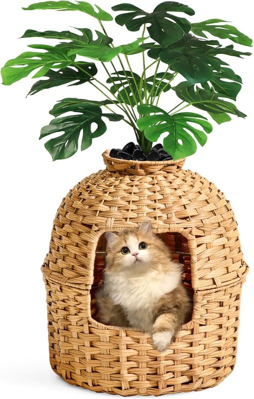 Photo 1 of Cat Litter Box Plant Furniture Enclosure, Hidden Handwoven Rattan with Cat Litter Box and Artificial Plants, Odor Control Filter, Real Stones in Living Room, Bedroom, Corner Natural