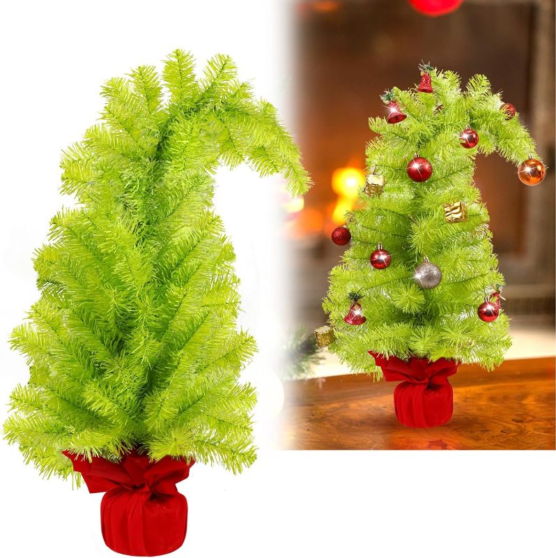 Photo 1 of 3FT Lime Green Christmas Tree Whimsical Curved Plastic Trees, Artificial Xmas Mini Tabletop Home Decoration Cloth Bag Base Wrapped Up for Indoor Desktop Decorating