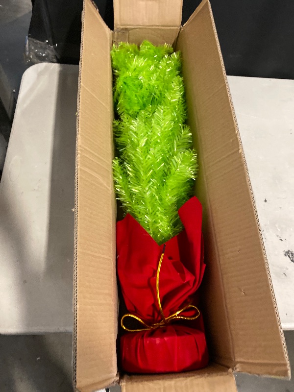 Photo 1 of 3FT Lime Green Christmas Tree Whimsical Curved Plastic Trees, Artificial Xmas Mini Tabletop Home Decoration Cloth Bag Base Wrapped Up for Indoor Desktop Decorating