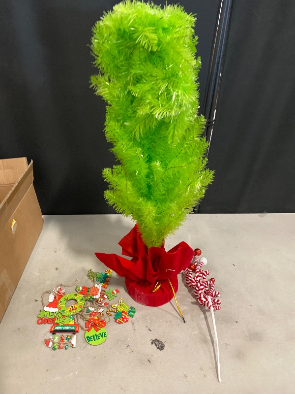 Photo 1 of 3FT Lime Green Christmas Tree Whimsical Curved Plastic Trees, Artificial Xmas Mini Tabletop Home Decoration Cloth Bag Base Wrapped Up for Indoor Desktop Decorating