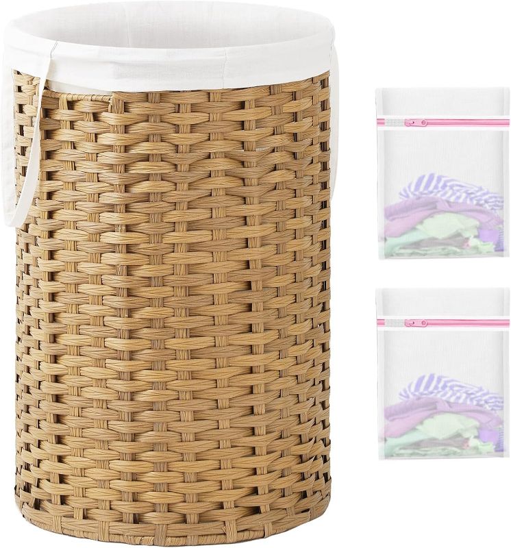 Photo 1 of 34.3 Gal (130 L) Large Laundry Hamper Laundry Basket Round Handwoven Wicker Laundry Baskets Rattan Laundry Basket with Removable Bag Handles 2 Mesh Bags for Living Room Bedroom Natural(No Lid)