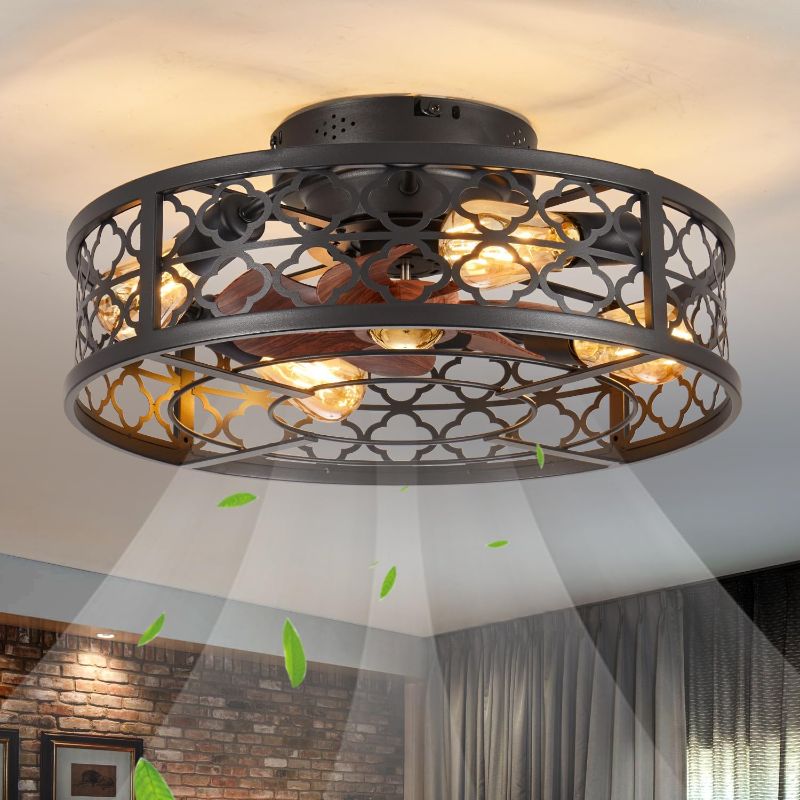 Photo 1 of Farmhouse Ceiling Fans with Lights Remote Control,6 Speed Reversible Flush Mount Low Profile Rustic Ceiling Fan with Light with bulb 4*E26,Boho Bladeless Country Caged Ceiling Light Fixture