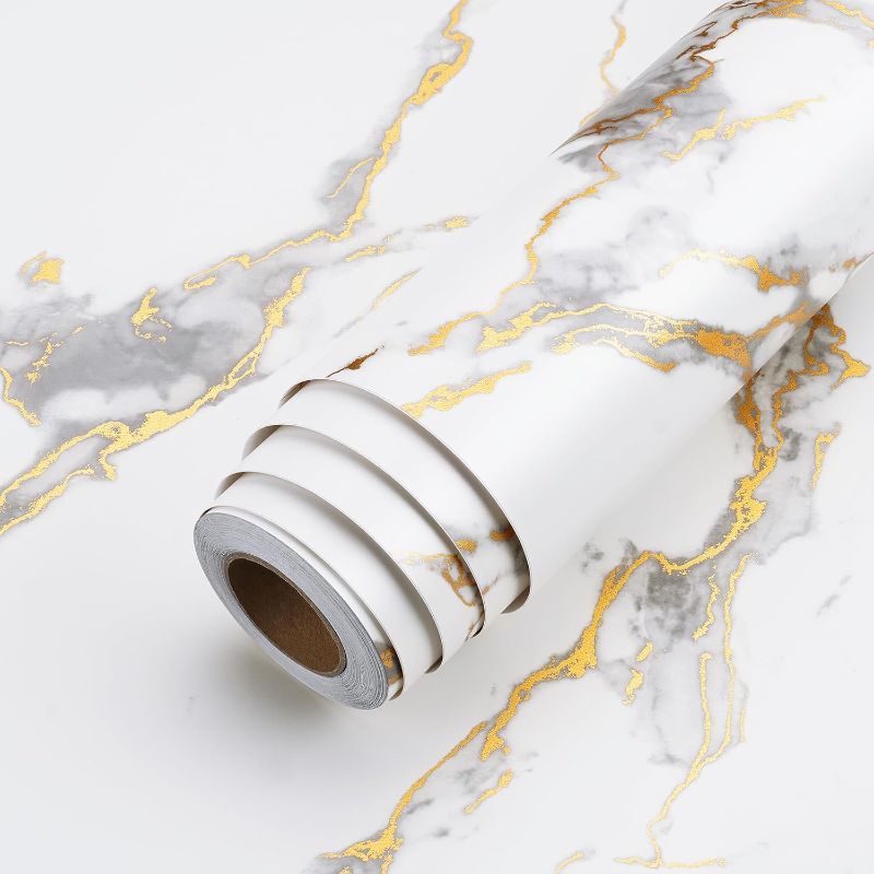 Photo 1 of LACHEERY Thick White Marble Contact Paper for Countertops Waterproof Contact Paper Peel and Stick for Cabinets Removable Matte Gold Grey White Marble Wallpaper for Kitchen Bathroom Counter 15.8"x80"