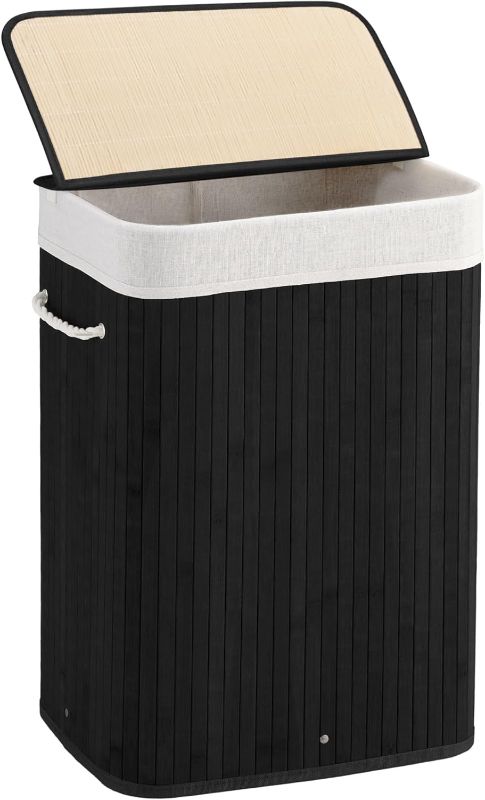 Photo 1 of 72L Slim Laundry Hamper with Lid, Foldable Bamboo Clothes Laundry Basket with Handles, Removable and Machine Washable Liner, for Bedroom, Bathroom, Dorm, Ink Black