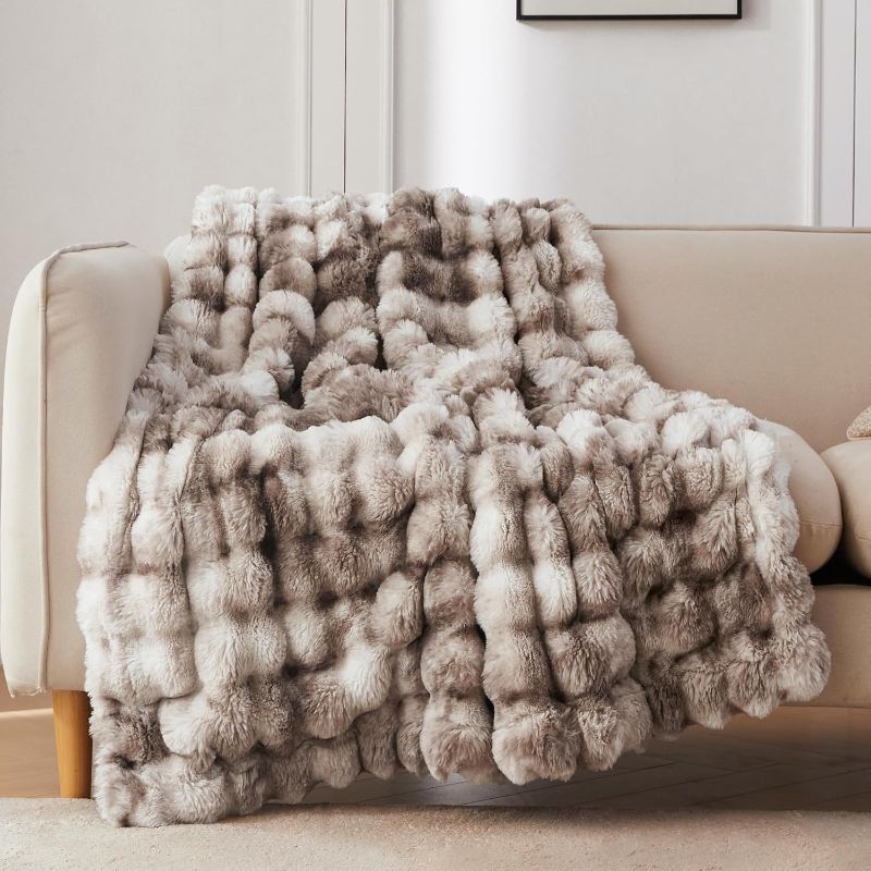 View 1 of COOVA Faux Fur Throw Blanket for Couch, Cozy Soft and Fuzzy Plush Rabbit Fur Bubble Blanket for Sofa Bedroom Living Room, 50x60 Inches Tie Dye Brown