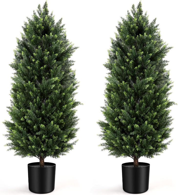 Photo 1 of Artificial Cedar Topiary Tree 4FT Set of 2, Outdoor Faux Evergreen Pine Shrubs,Realistic Fake Plants Front Porch Decor,Potted Fake Bushes Cypress Trees UV Resistant for Home Front Door