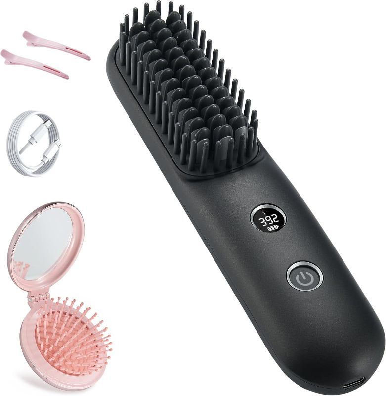 Photo 1 of LCD Screen Cordless Hair Straightener Curler 2 in 1, Portable Mini Hair Straightening Brush for Travel Negative Ionic Fast Heating Hot Comb for Women, Folding Brush with Mirror, Black