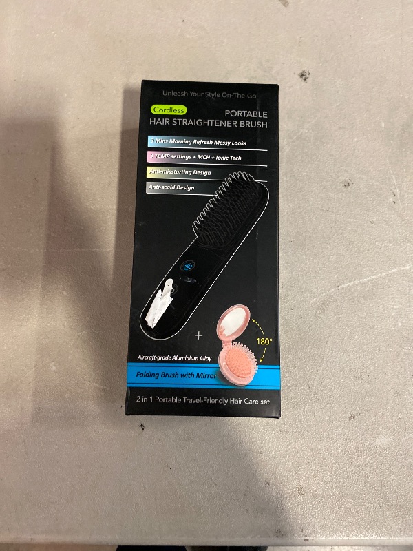 Photo 1 of LCD Screen Cordless Hair Straightener Curler 2 in 1, Portable Mini Hair Straightening Brush for Travel Negative Ionic Fast Heating Hot Comb for Women, Folding Brush with Mirror, Black