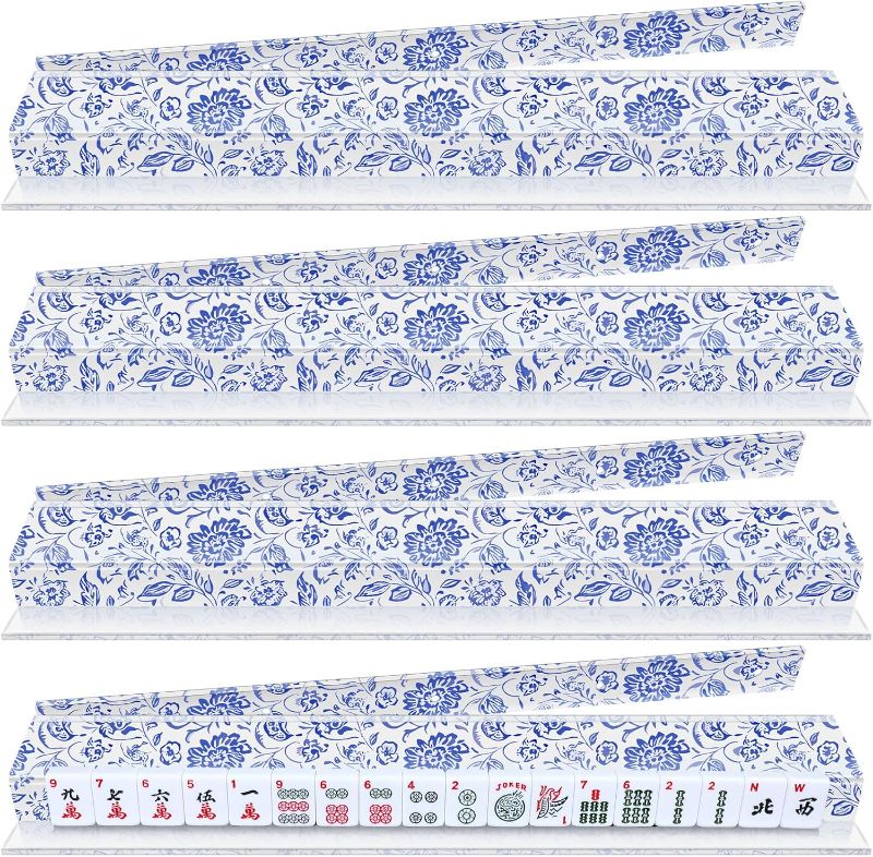 Photo 1 of 4 Pack Magnetic Chinoiserie Mahjong Tile Racks with Removable Acrylic Pushers, 18.5 Inch Length American Mahjong Racks Holders with Blue Chinoiserie Pattern, Fits All Tile Sets