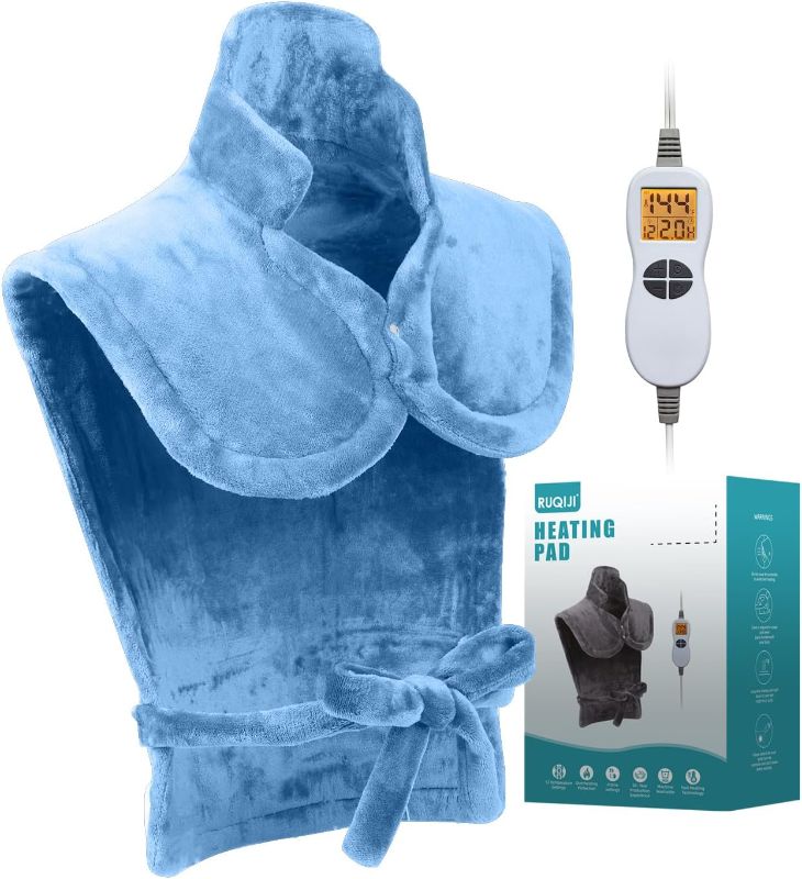 Photo 1 of 26" x 35" Flannel Neck&Shoulder&Back Heating Pad with 12 Temperature Settings& Countdown timer,Pain Relief for Back/Neck/Shoulders/Menstrual Pain, Christmas Gifts for Women Men Mom Dad(Light Blue)