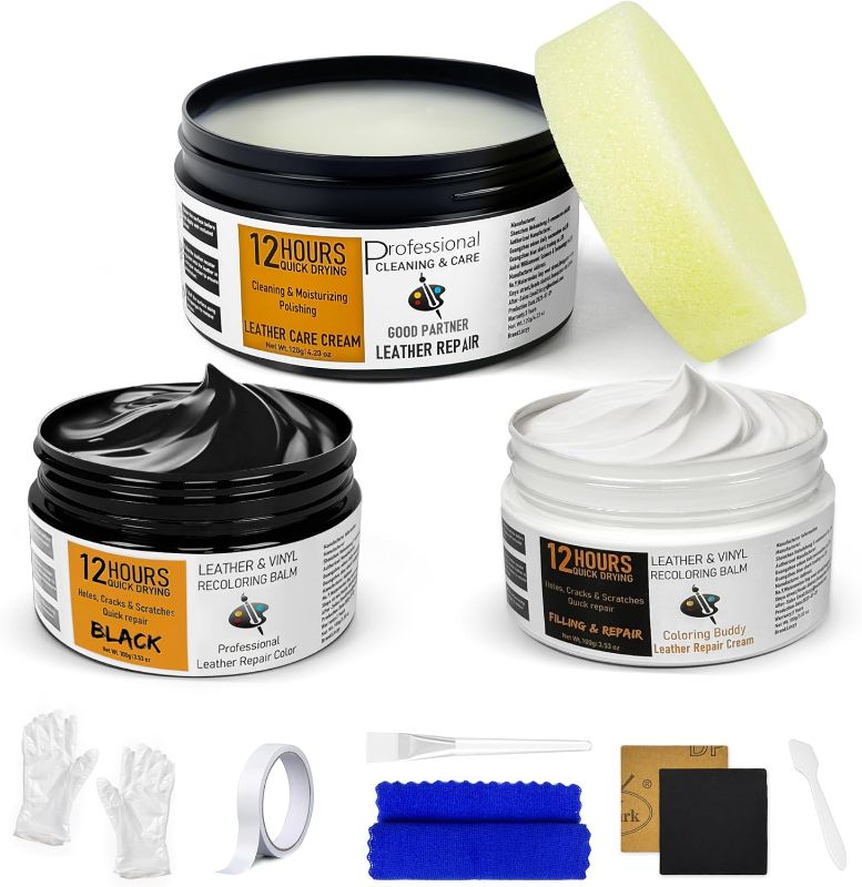 Photo 1 of 12H Quick-Dry Leather Repair Kit with 3.53Oz Black Leather Recoloring Balm, Filler & 4.23Oz Conditioner and Cleaner, 3-in-1 Vinyl Repair Set for Sofa, Car Seats, Jackets, Purses, Shoes, Faux Leather