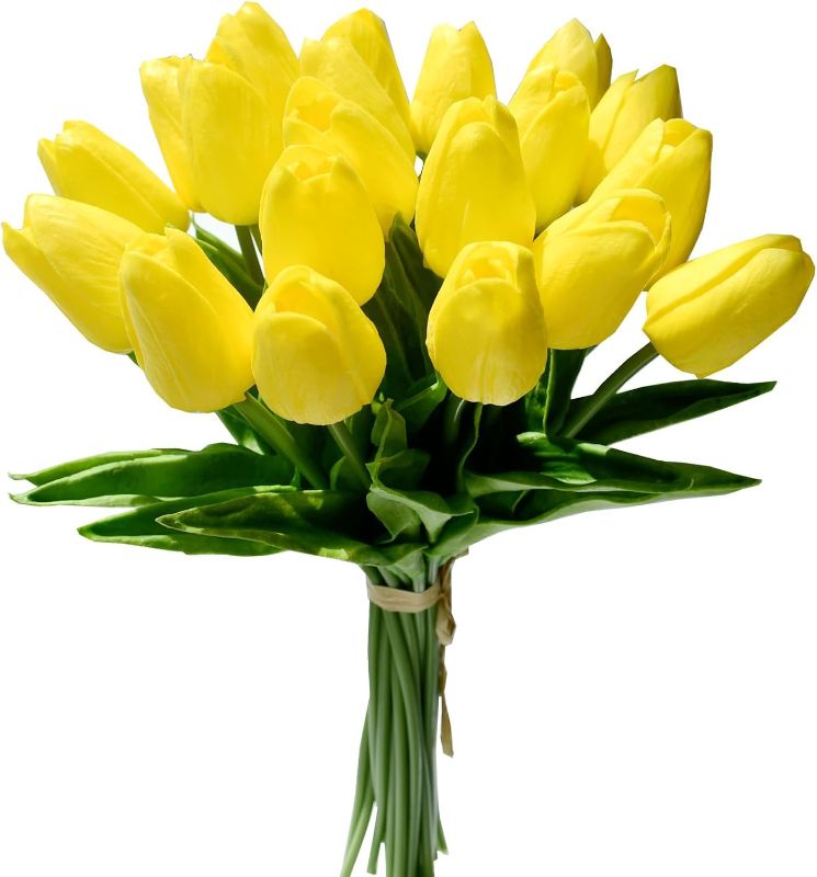 Photo 1 of Mandy's Artificial Tulips 20 Stems Yellow PU Faux Flowers for Valentine's Day and Easter Decorations Wedding Home Decor 13.5 Inch