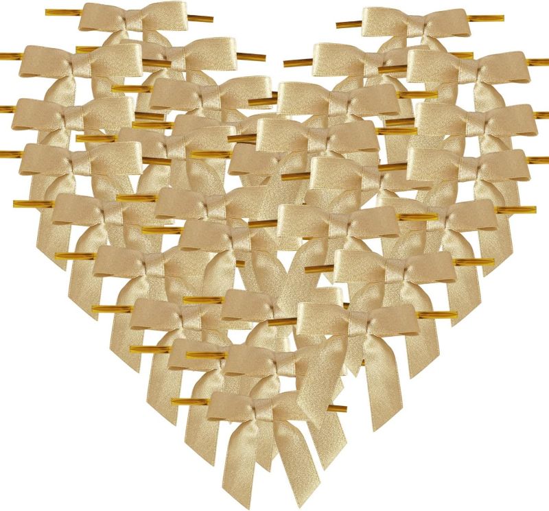 Photo 1 of 50pcs 2-1/2" Gold Satin Ribbon Bows with Twist Ties for Gift Wrapping Packing Christmas Decoration (Gold)