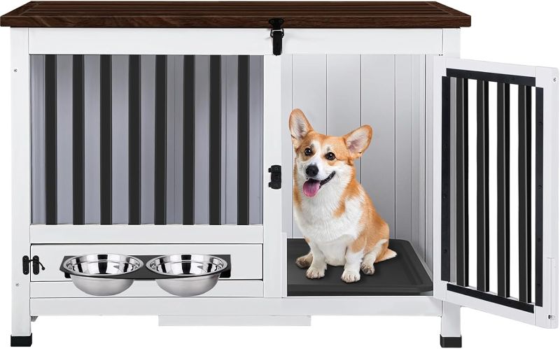 Photo 1 of 33.3 Inch Wooden Dog Crate Furniture - Multi-Functional Dog Crate Side Table with 360° Swivel Feeder for Small and Medium Dogs with Removable Tray, Easy to Assemble, Easy to Clean