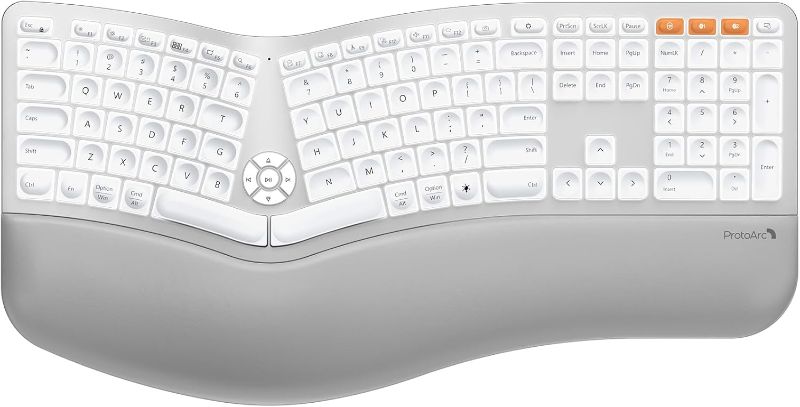 Photo 1 of ProtoArc Backlit Bluetooth Ergonomic Keyboard, EK01 Plus Full Size Wireless Split Keyboard with Dual Bluetooth and USB, Cushioned Wrist Rest, Rechargeable, for Windows/Mac/Android, White and Silver