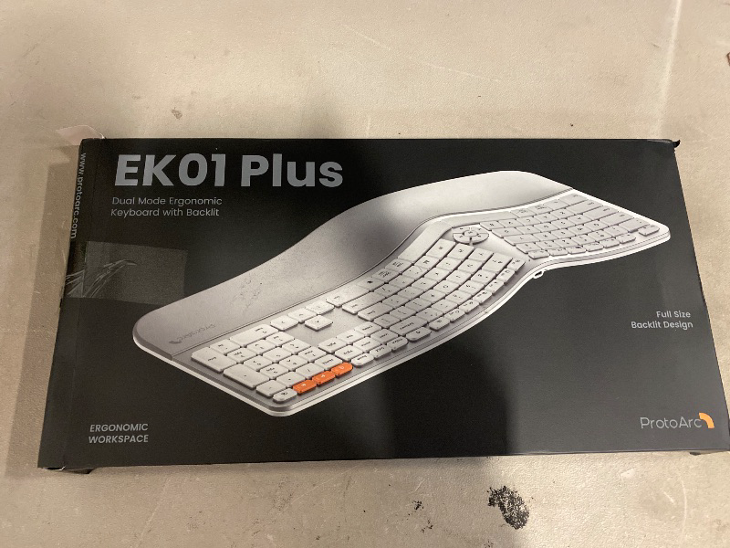 Photo 1 of ProtoArc Backlit Bluetooth Ergonomic Keyboard, EK01 Plus Full Size Wireless Split Keyboard with Dual Bluetooth and USB, Cushioned Wrist Rest, Rechargeable, for Windows/Mac/Android, White and Silver