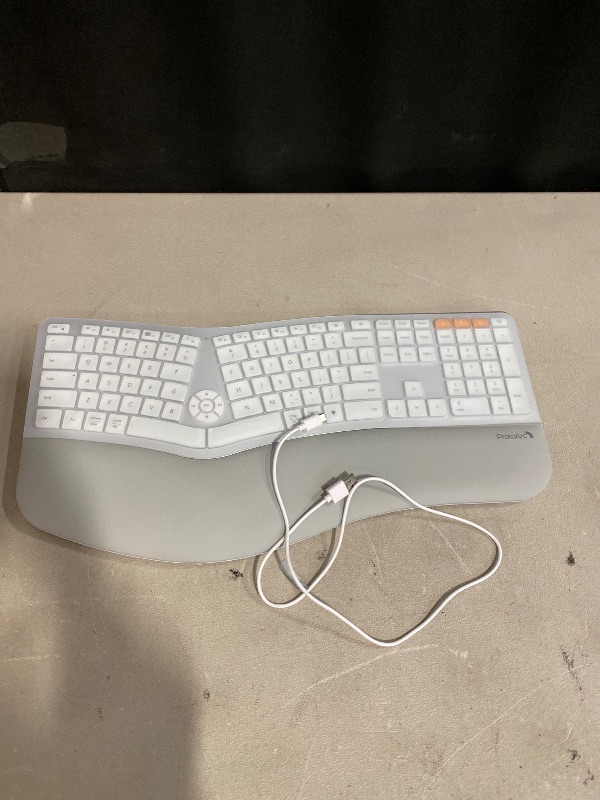 Photo 1 of ProtoArc Backlit Bluetooth Ergonomic Keyboard, EK01 Plus Full Size Wireless Split Keyboard with Dual Bluetooth and USB, Cushioned Wrist Rest, Rechargeable, for Windows/Mac/Android, White and Silver