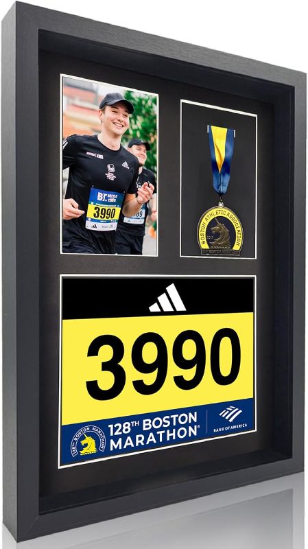Photo 1 of 3-in-1 Shadow Box Display with Real Glass (Medal, Race Bibs, and Photo Display) – Marathon Medal Display and Frame, Triathlon & Running Bib Holder, Wall-Mounted, Real Tempered Glass - Black
