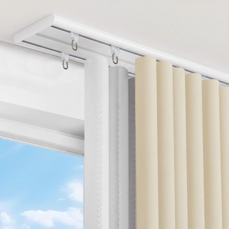 Photo 1 of Double Row Ceiling Curtain Track, Silent Heavy Aluminum Duty Curtain Track System, Sliding Curtain Rails for Curtains, Room Divider Track for Bedroom Living Room Ofiice Hotel, White, 9FT