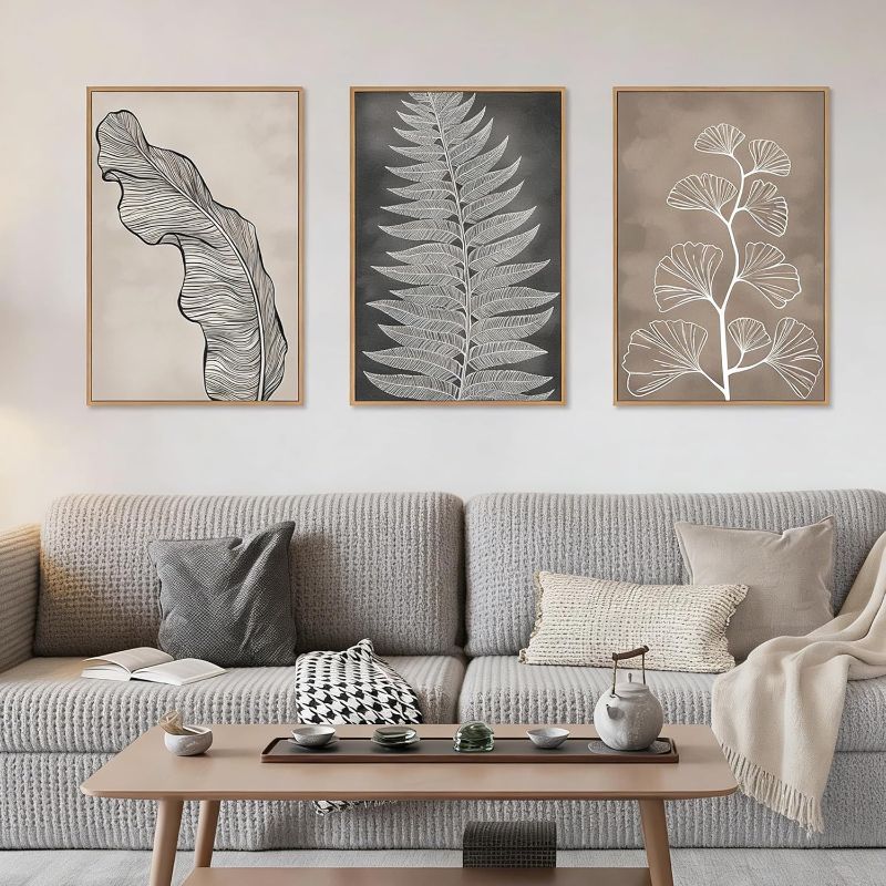 Photo 1 of HLNIUC Botanical Neutral Framed Wall Art Set, Abstract Fern Leaf Canvas Wall Decor, Vintage Rustic Plant Wall Painting, Black Beige Nature Art Print for Living Room, Bedroom, Office - 16"x24"x3