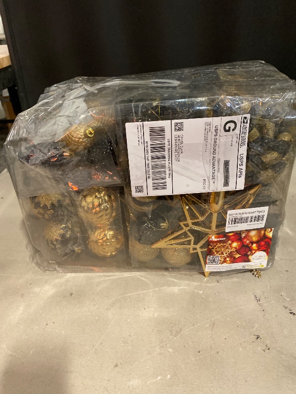 Photo 1 of Alupssuc 128pcs Christmas Balls Ornaments Set, Shatterproof Plastic Baubles Christmas Flowers, Ribbon Tree Topper for Xmas Tree Holiday Wedding Party Decorations with Hanging Strings, Black and Gold