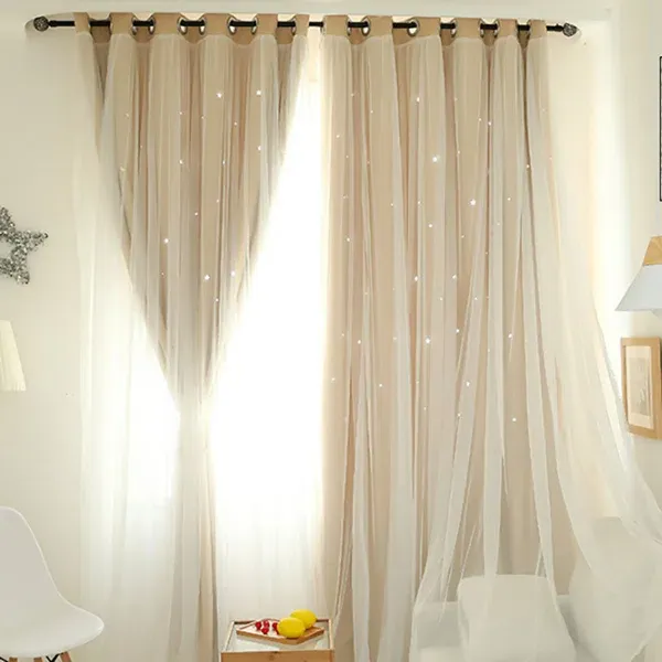 Photo 1 of 2 Panels Star curtains, blackout curtains, bedroom double-layer curtains, children's curtains, cute curtains, children's blackout curtains, 72-inch long 2 panel, 39.37"* 78.74",Beige