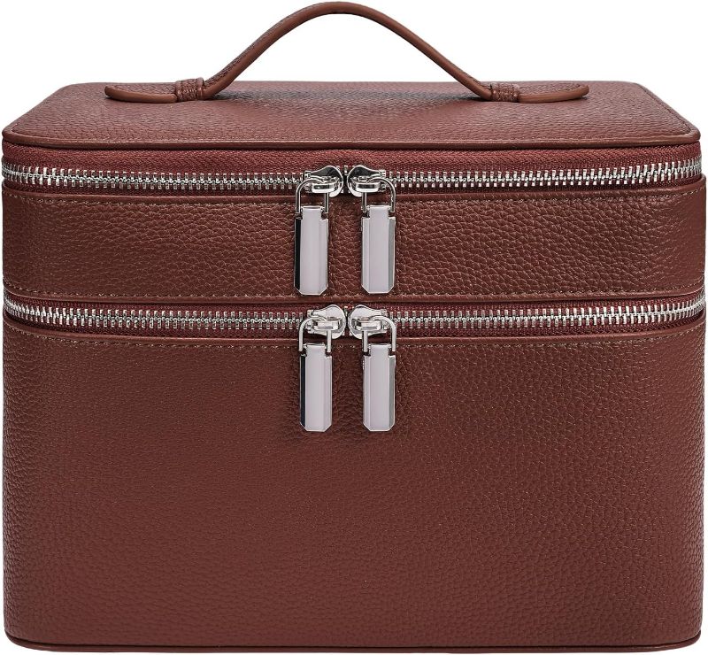 Photo 1 of Makeup Case, Large Capacity Waterproof Double Layer Cosmetic Bag with Removable Divider, Double Compartment Brush Organizer, Multi-functional Travel Organizer