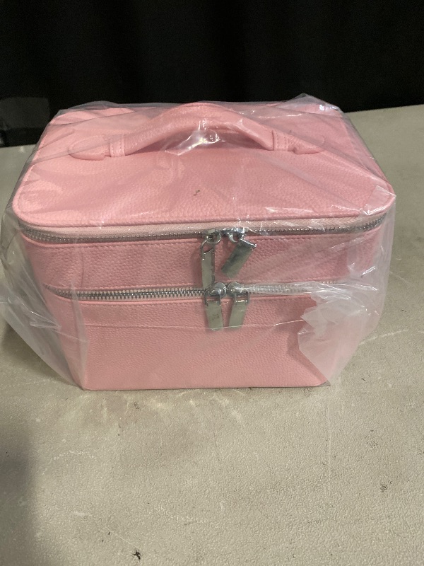 Photo 1 of Makeup Vanity Bag for Women - Large Capacity Cosmetic Organizer with Removable Liner, Waterproof PU Leather Skincare Bag, Portable Chic Cosmetic Make Up Case for Skincare, Accessories,StyleC, Pink