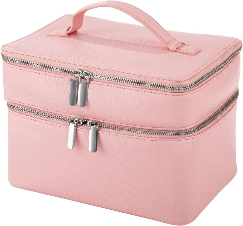 Photo 1 of Makeup Vanity Bag for Women - Large Capacity Cosmetic Organizer with Removable Liner, Waterproof PU Leather Skincare Bag, Portable Chic Cosmetic Make Up Case for Skincare, Accessories,StyleC, Pink