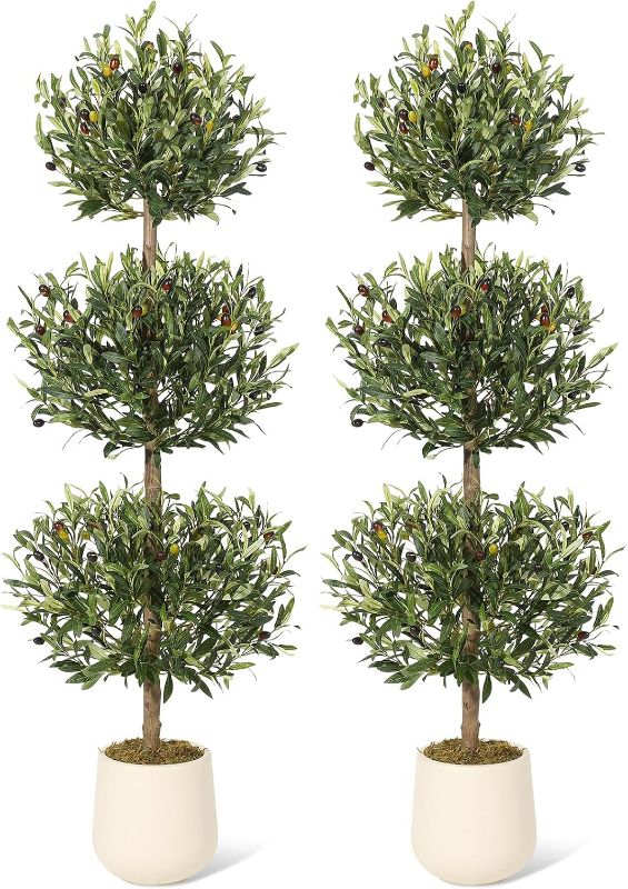Photo 1 of 5 ft Artificial Olive Tree, Triple Ball Topiary Faux Plant with Moss & Pot, Outdoor Indoor Realistic Fake Shrubs Trees, Round Bushes Fake Shrubs Potted for Home Offices Porch Decor, Set of 2
