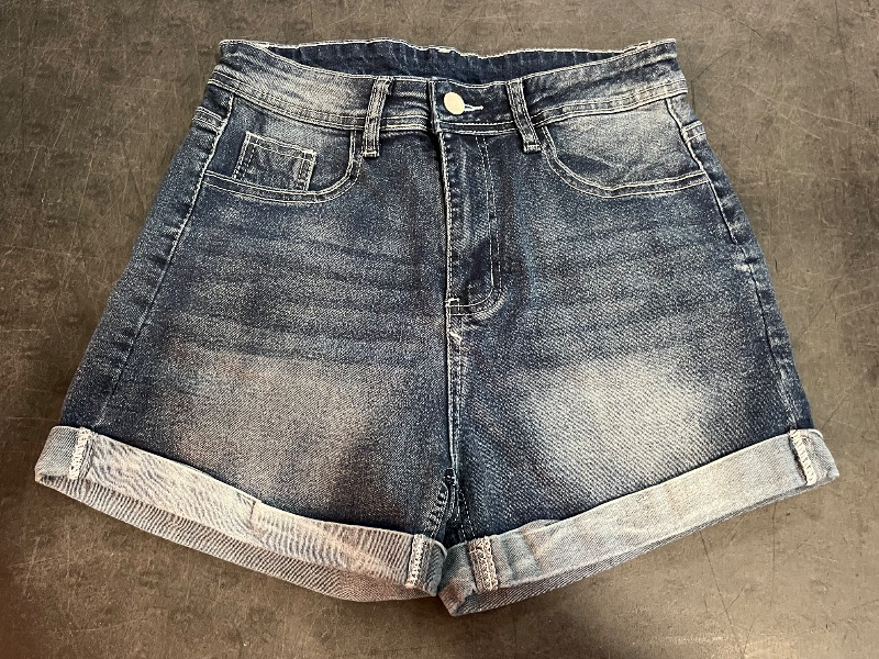 Photo 1 of (M) Womens Dark Denim Shorts Mid Rise Embroidered Denim Shorts