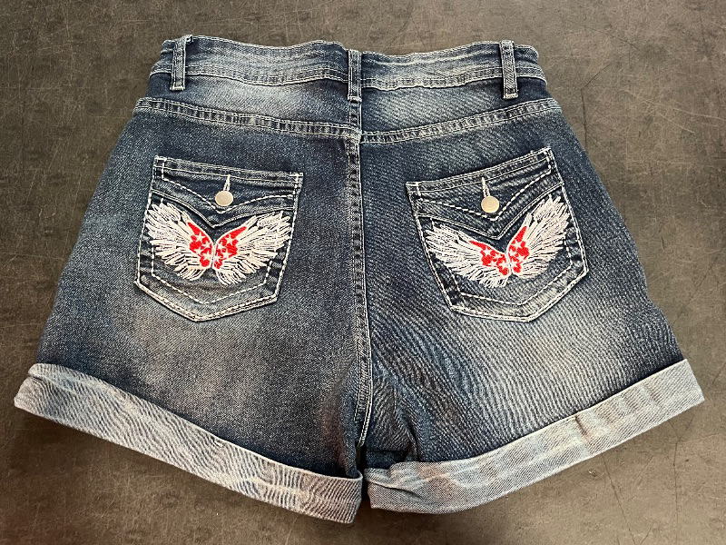 Photo 1 of (M) Womens Dark Denim Shorts Mid Rise Embroidered Denim Shorts