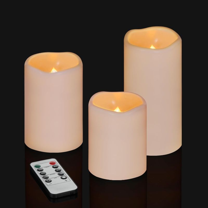 Photo 1 of Flameless Candles 4" 5" 6" Set of 3 Ivory Outdoor Indoor Pillars 3" Diameter Battery Operated Flickering Candles Include 10-Key Remote Timer Function 400+ Hours Requires 2 AA Batteries