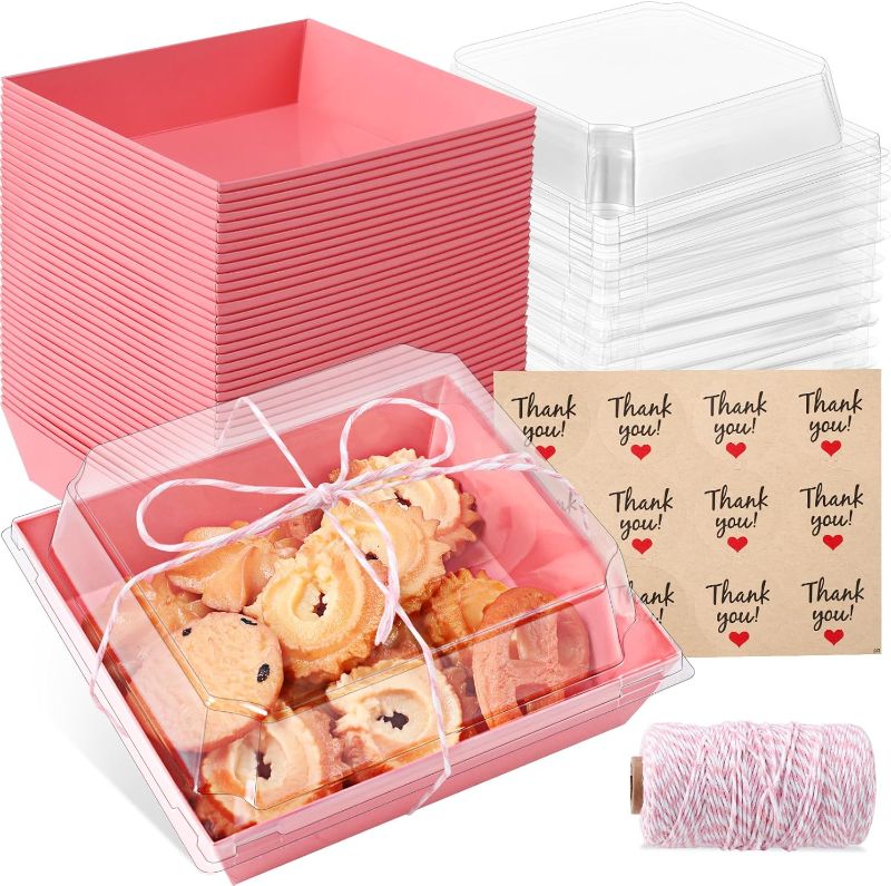 Photo 1 of 50 Pack Small Charcuterie Boxes with Clear Lids,5 inches Disposable Food Containers,Pink Dessert Boxes with Thank You Stickers,Bakery Box for Sandwich, Strawberries,Cookie,Cake Slice(Pink)